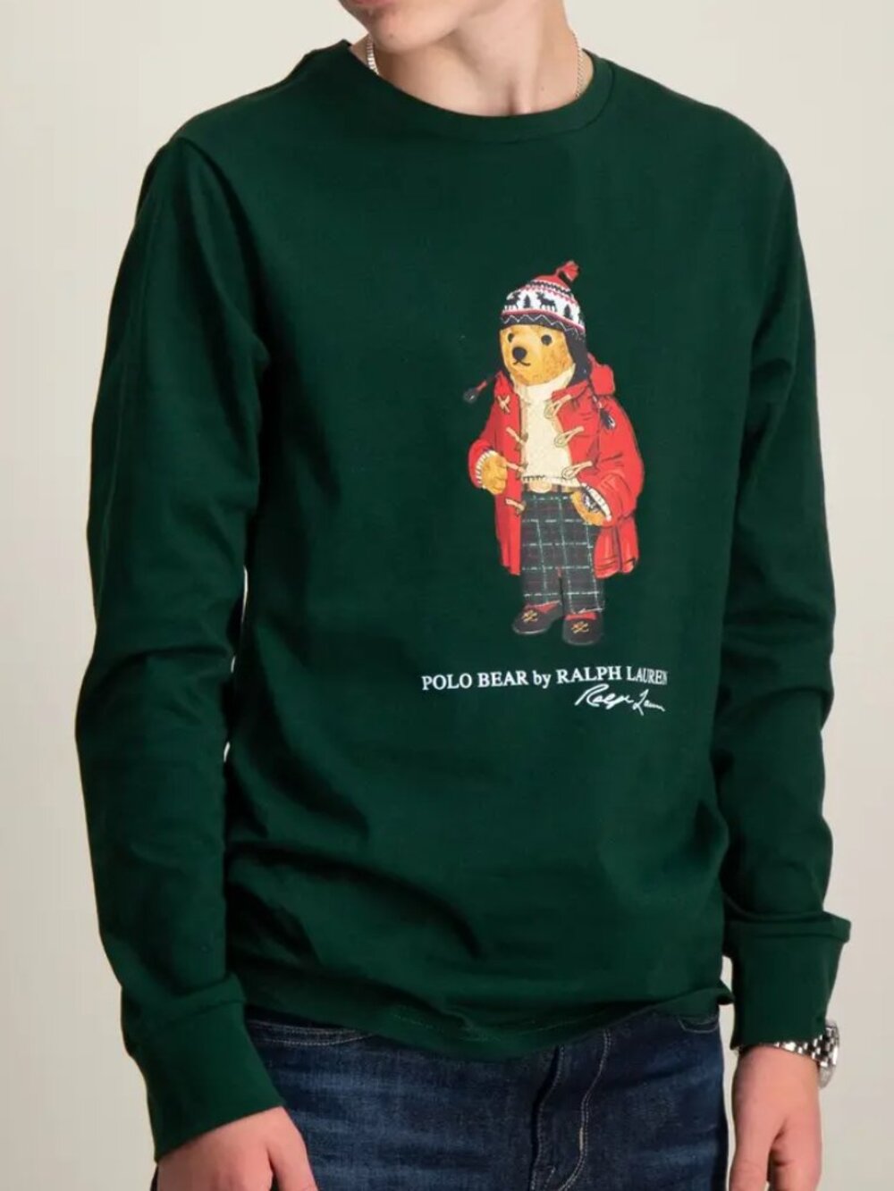 POLO RALPH LAUREN Youth Polo Bear Cotton Long Sleeve Tee Green Size XL